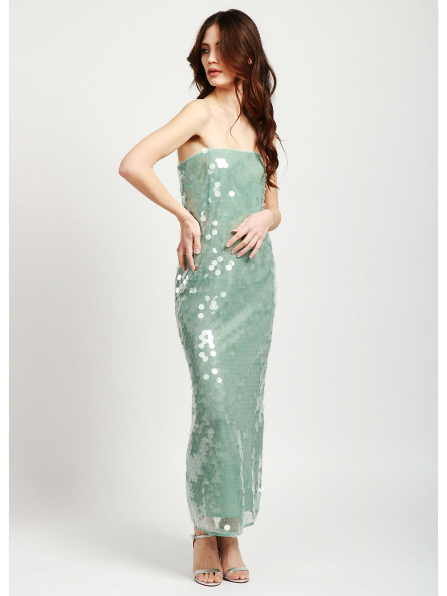 STAUD Casey Long Bandeau Dress in Turquoise with Macro Sequins R25R2168LS