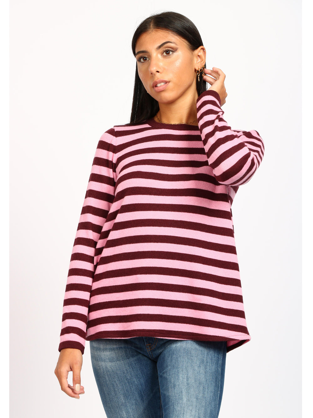 Maglia Girocollo in Cashmere a Righe Rosa e Prugna