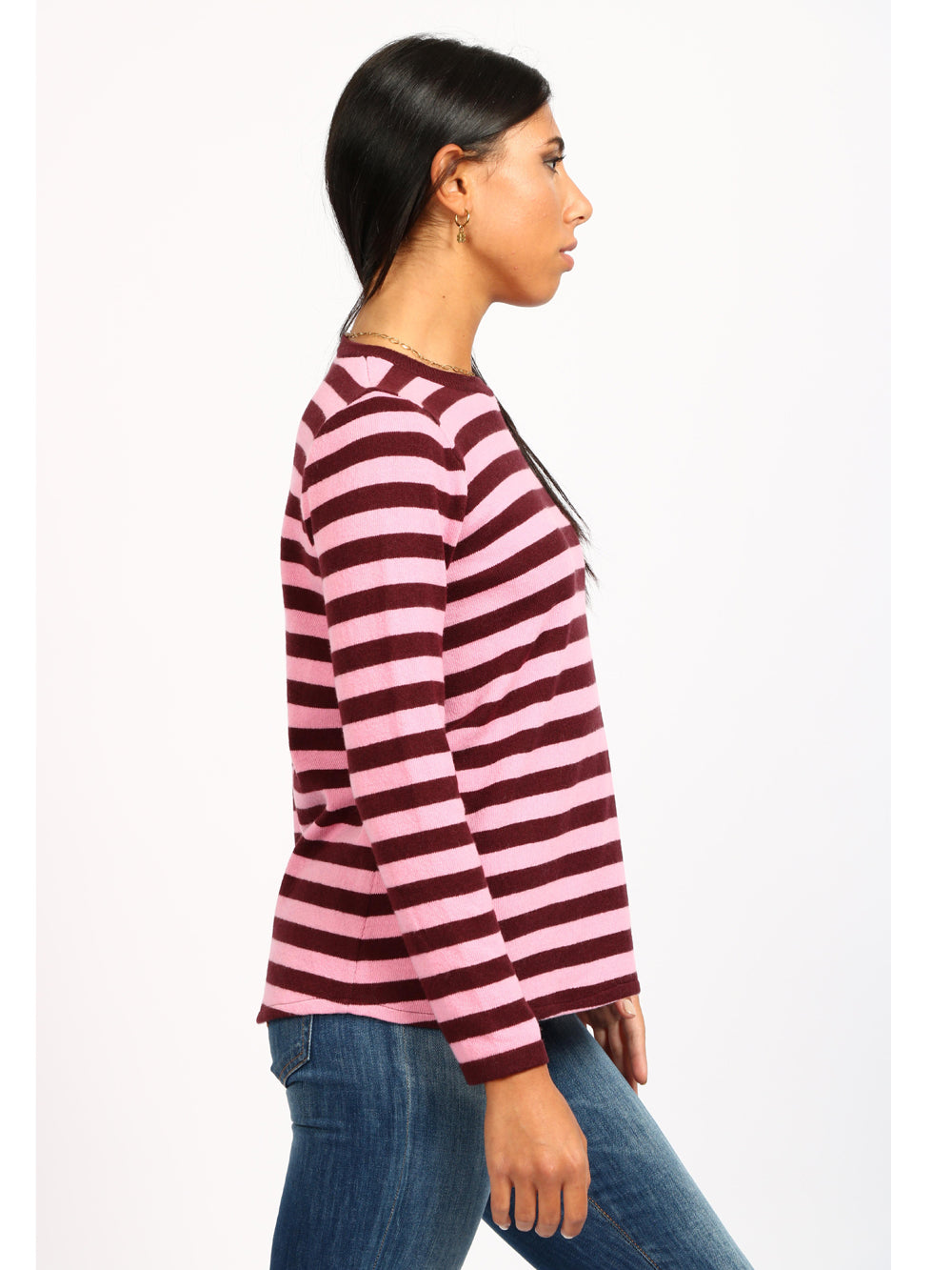 Maglia Girocollo in Cashmere a Righe Rosa e Prugna
