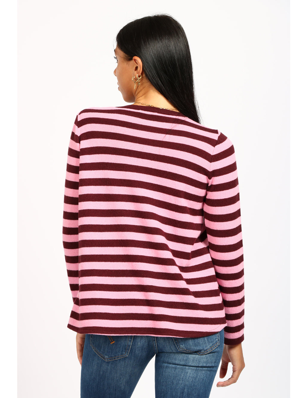 Maglia Girocollo in Cashmere a Righe Rosa e Prugna