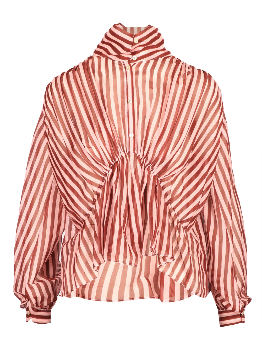 Blusa Bohemienne in Voile di Seta a Righe Rosa e Bordeaux