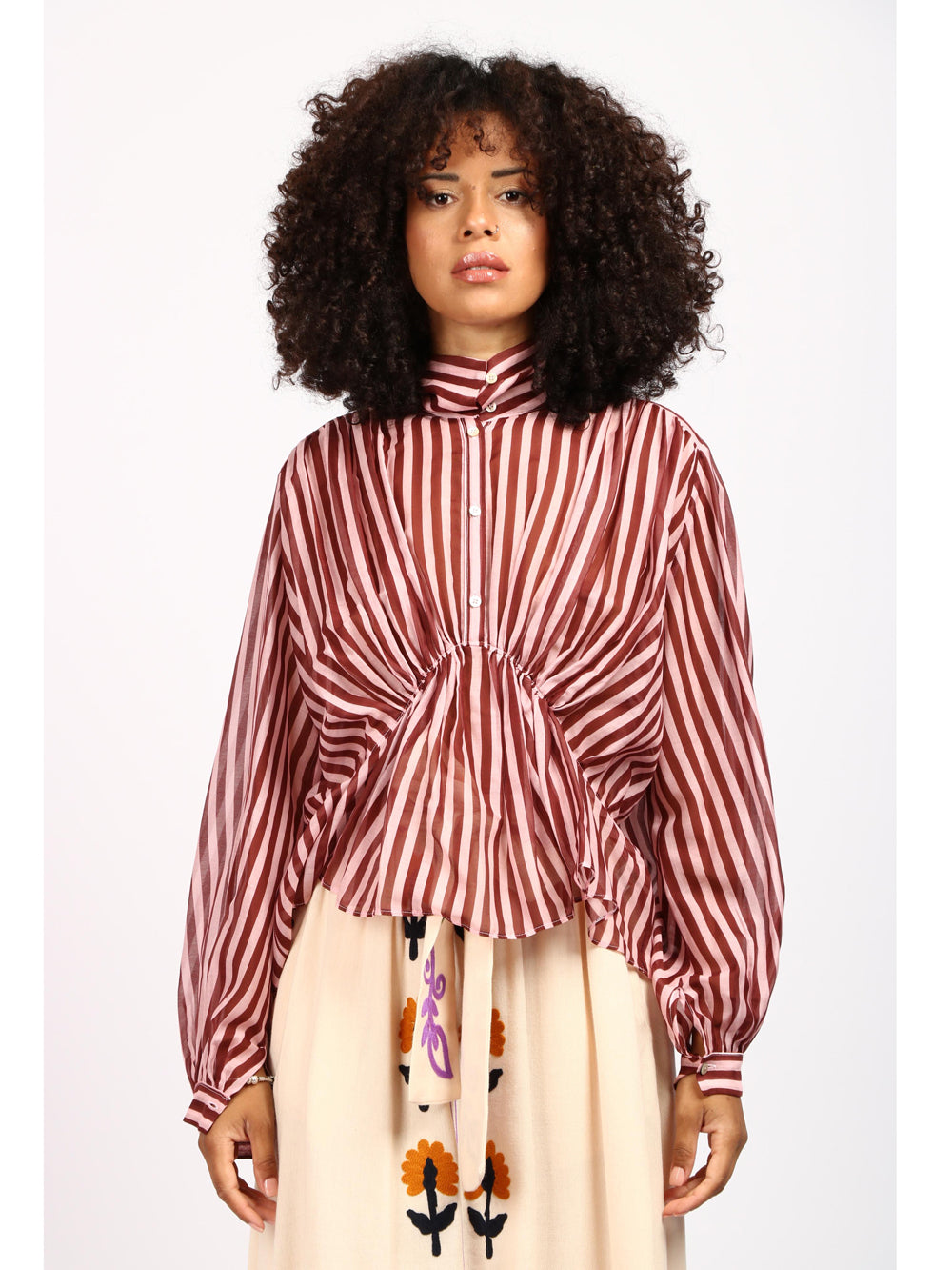 Blusa Bohemienne in Voile di Seta a Righe Rosa e Bordeaux