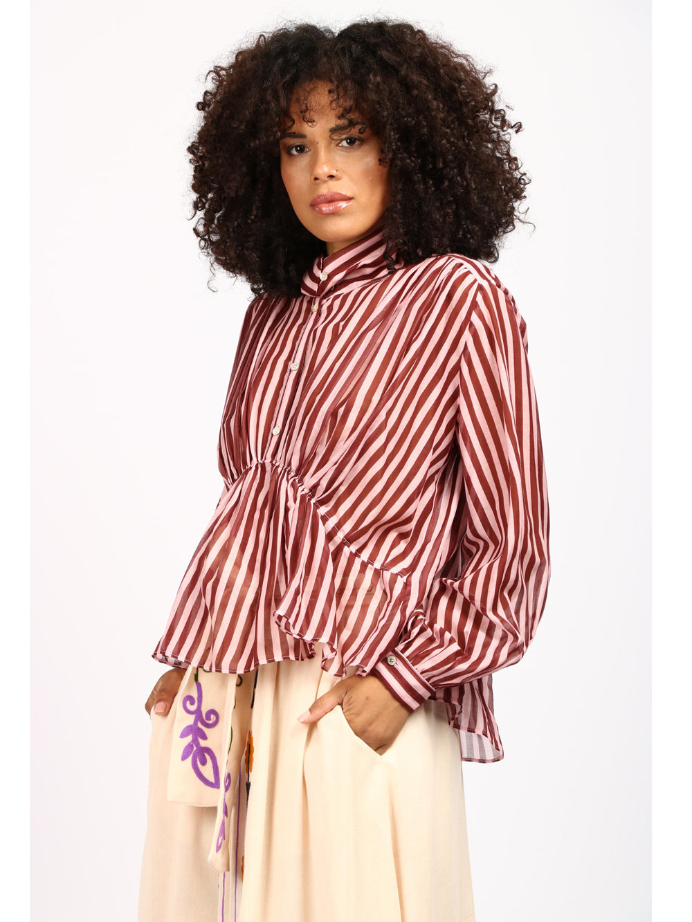 Blusa Bohemienne in Voile di Seta a Righe Rosa e Bordeaux