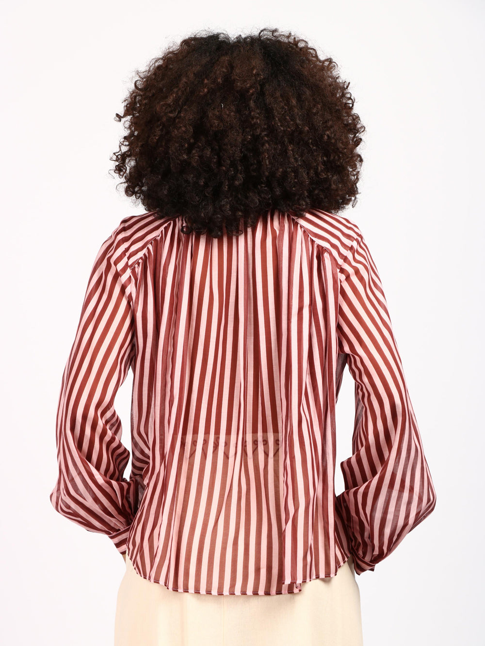 Blusa Bohemienne in Voile di Seta a Righe Rosa e Bordeaux