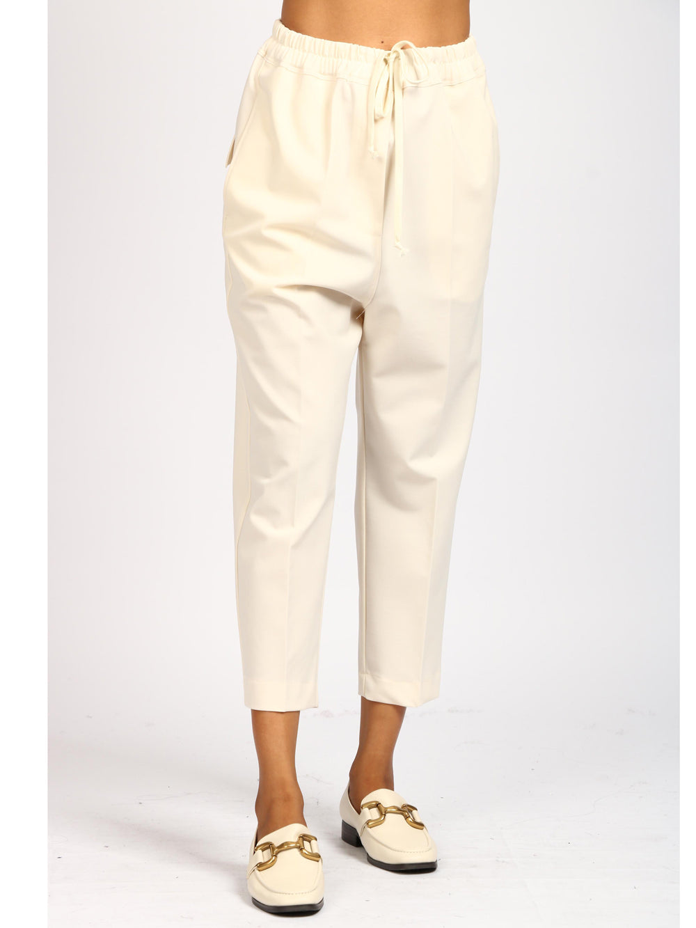 Pantaloni Cropped in Misto Lana Vergine Panna con Tasche