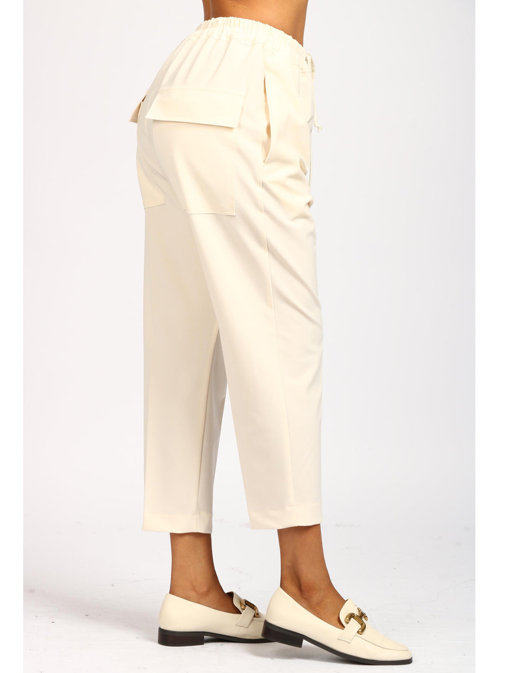 Pantaloni Cropped in Misto Lana Vergine Panna con Tasche