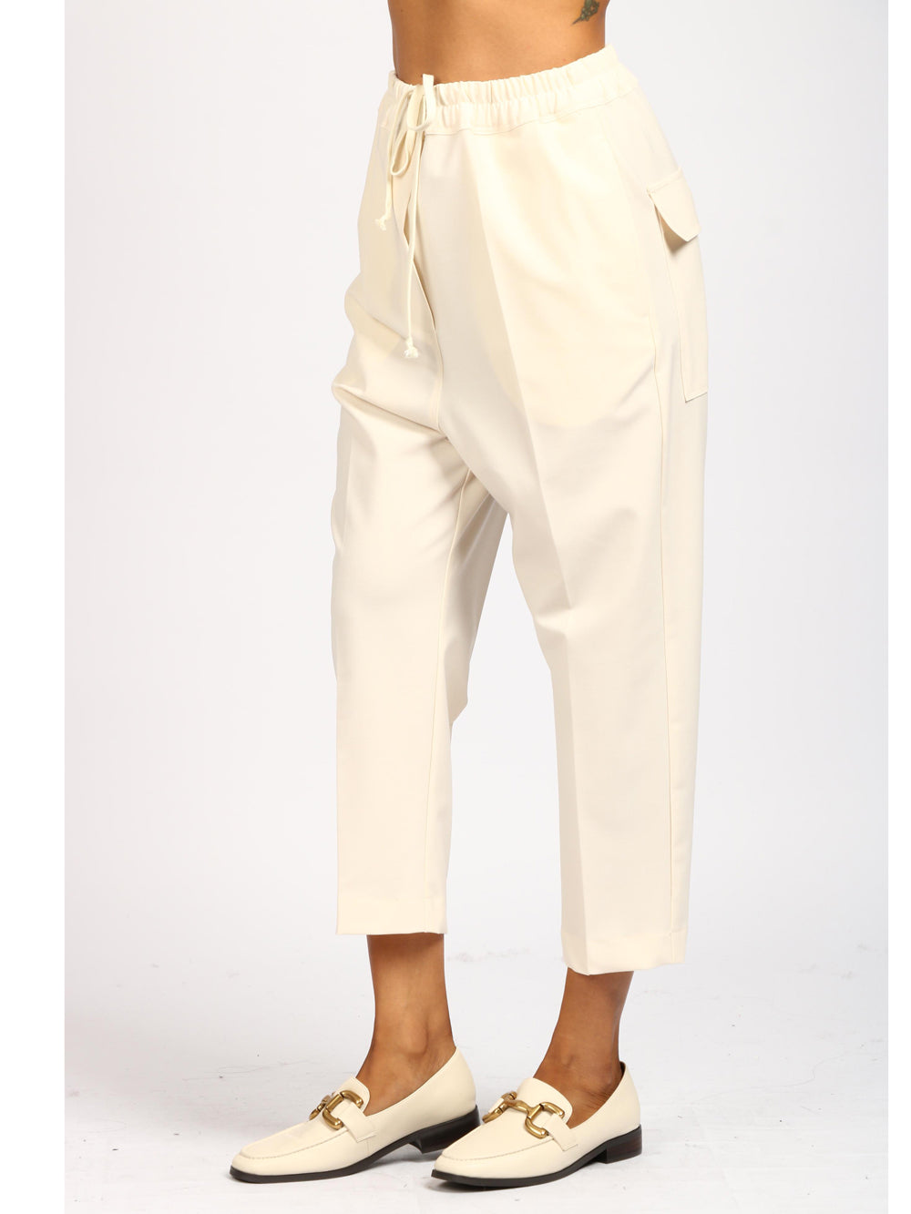 Pantaloni Cropped in Misto Lana Vergine Panna con Tasche