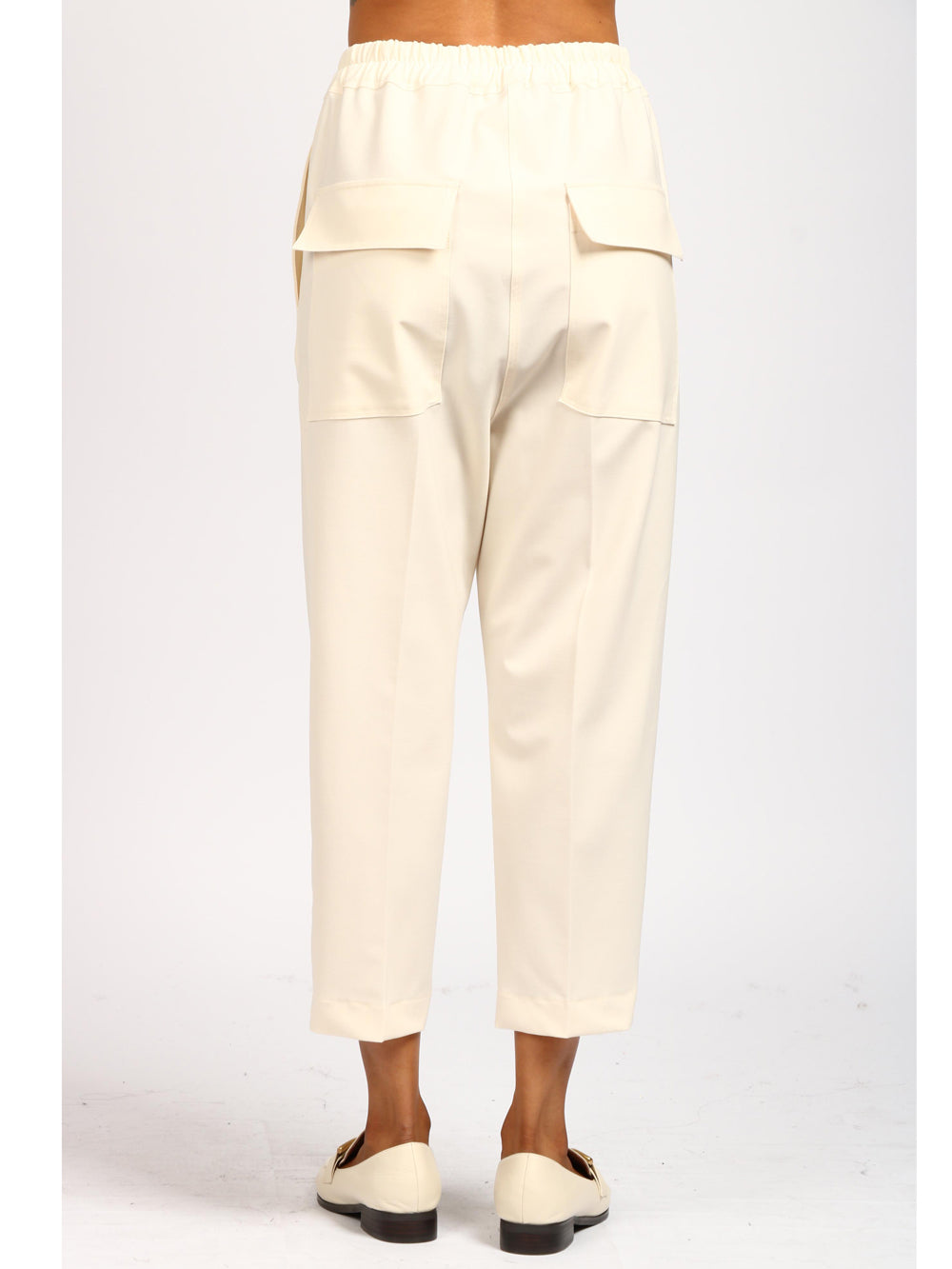 Pantaloni Cropped in Misto Lana Vergine Panna con Tasche