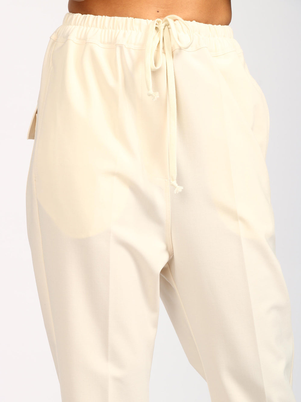 Pantaloni Cropped in Misto Lana Vergine Panna con Tasche