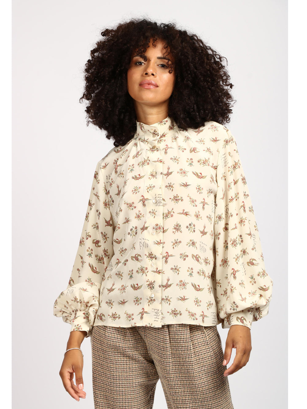 Blusa Noce in Twill di Seta Avorio con Fiori