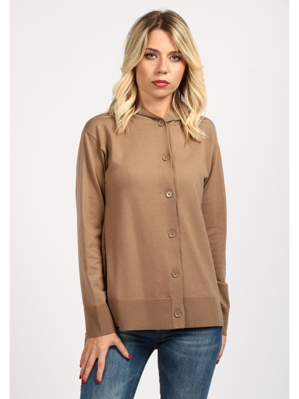 Cardigan Pordoi in Lana Vergine Cammello con Cappuccio