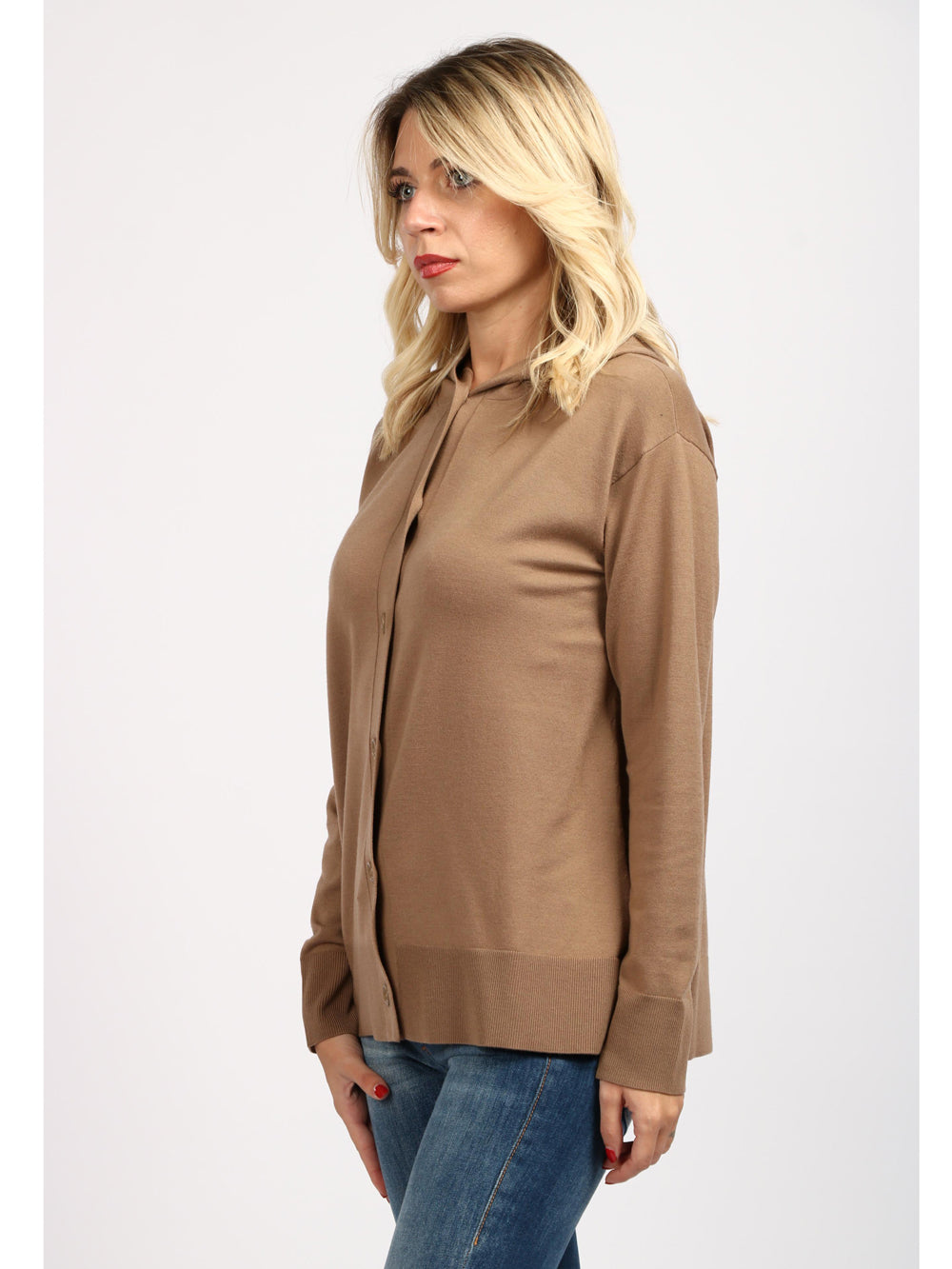 Cardigan Pordoi in Lana Vergine Cammello con Cappuccio