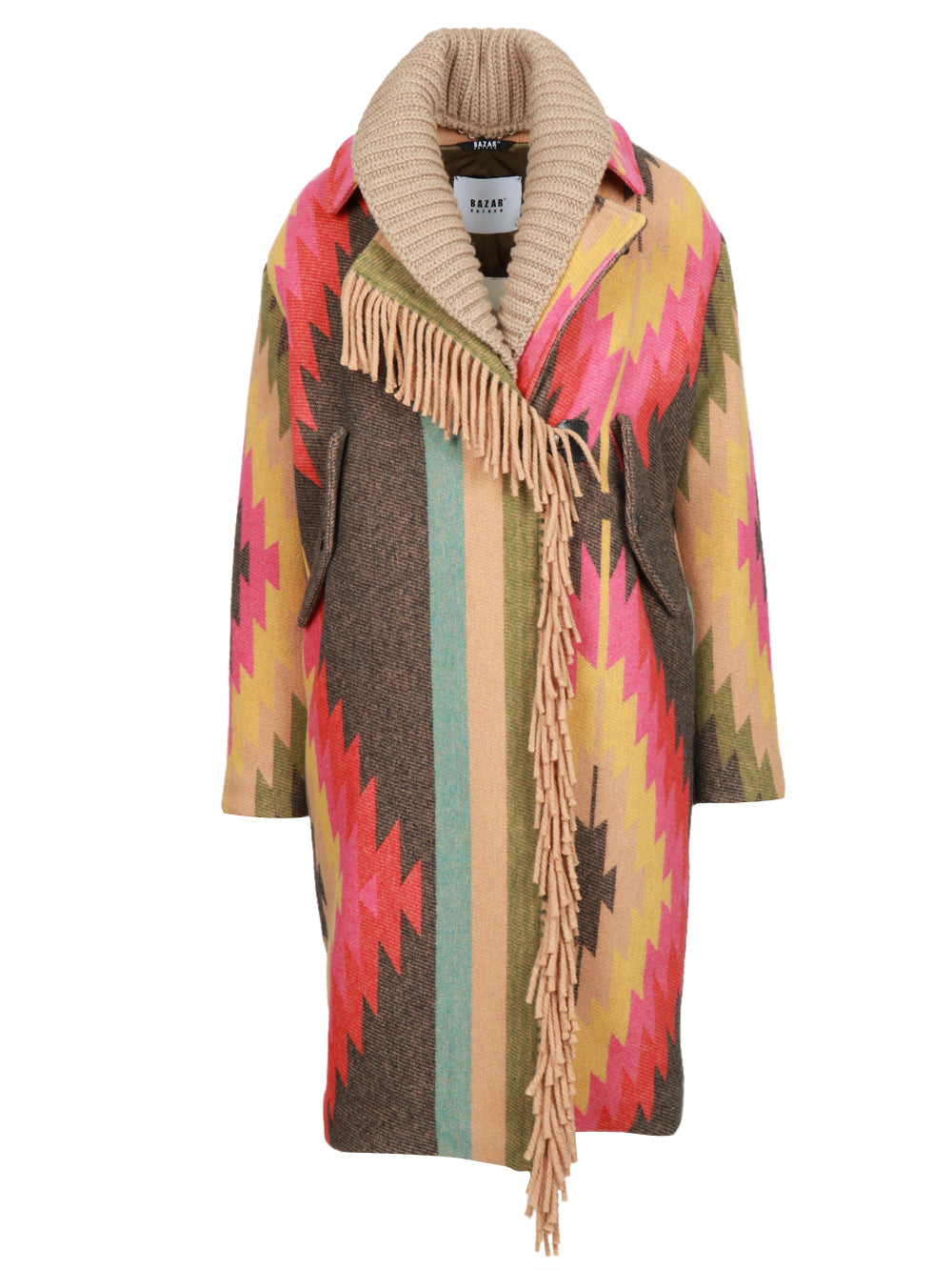 Cappotto in Misto Lana a Fantasia Multicolor con Frange