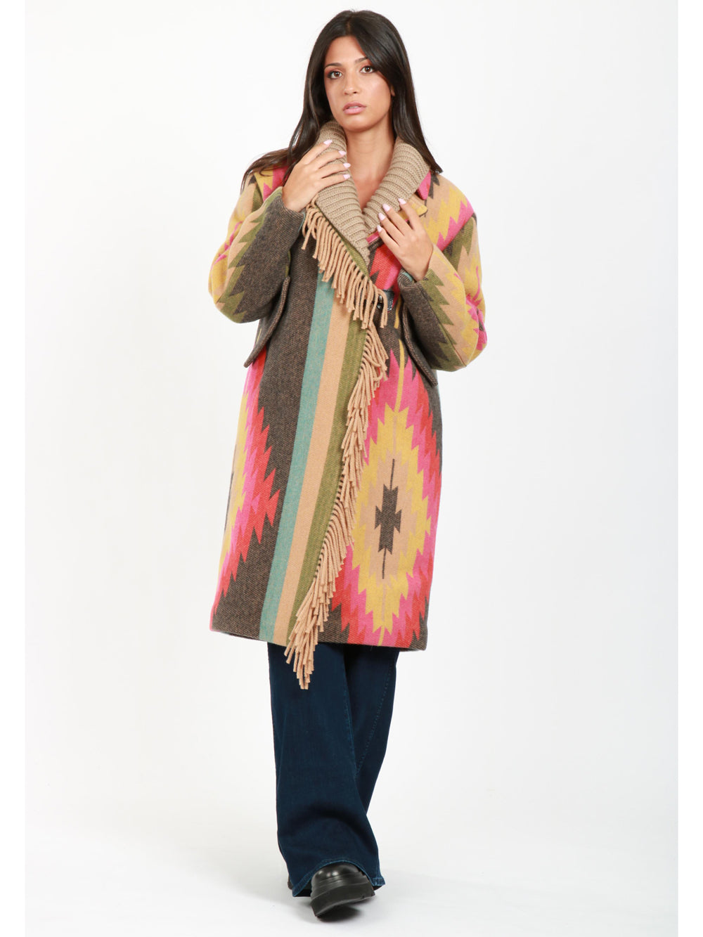 Cappotto in Misto Lana a Fantasia Multicolor con Frange