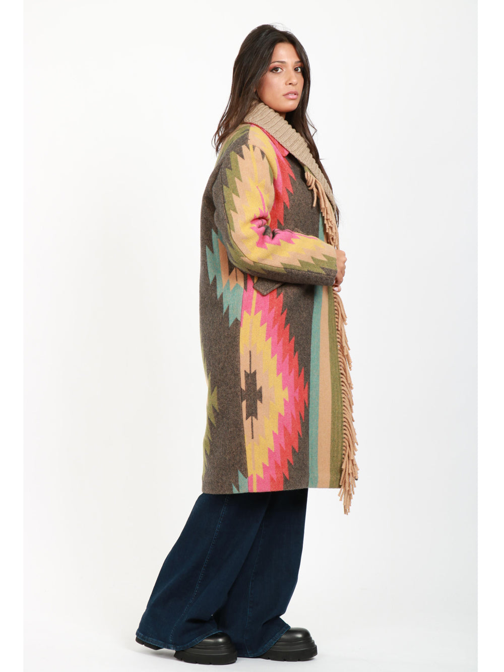 Cappotto in Misto Lana a Fantasia Multicolor con Frange
