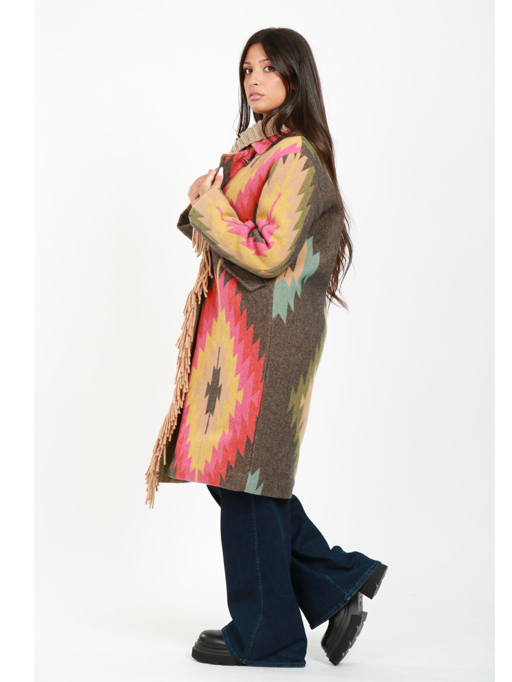 Cappotto in Misto Lana a Fantasia Multicolor con Frange