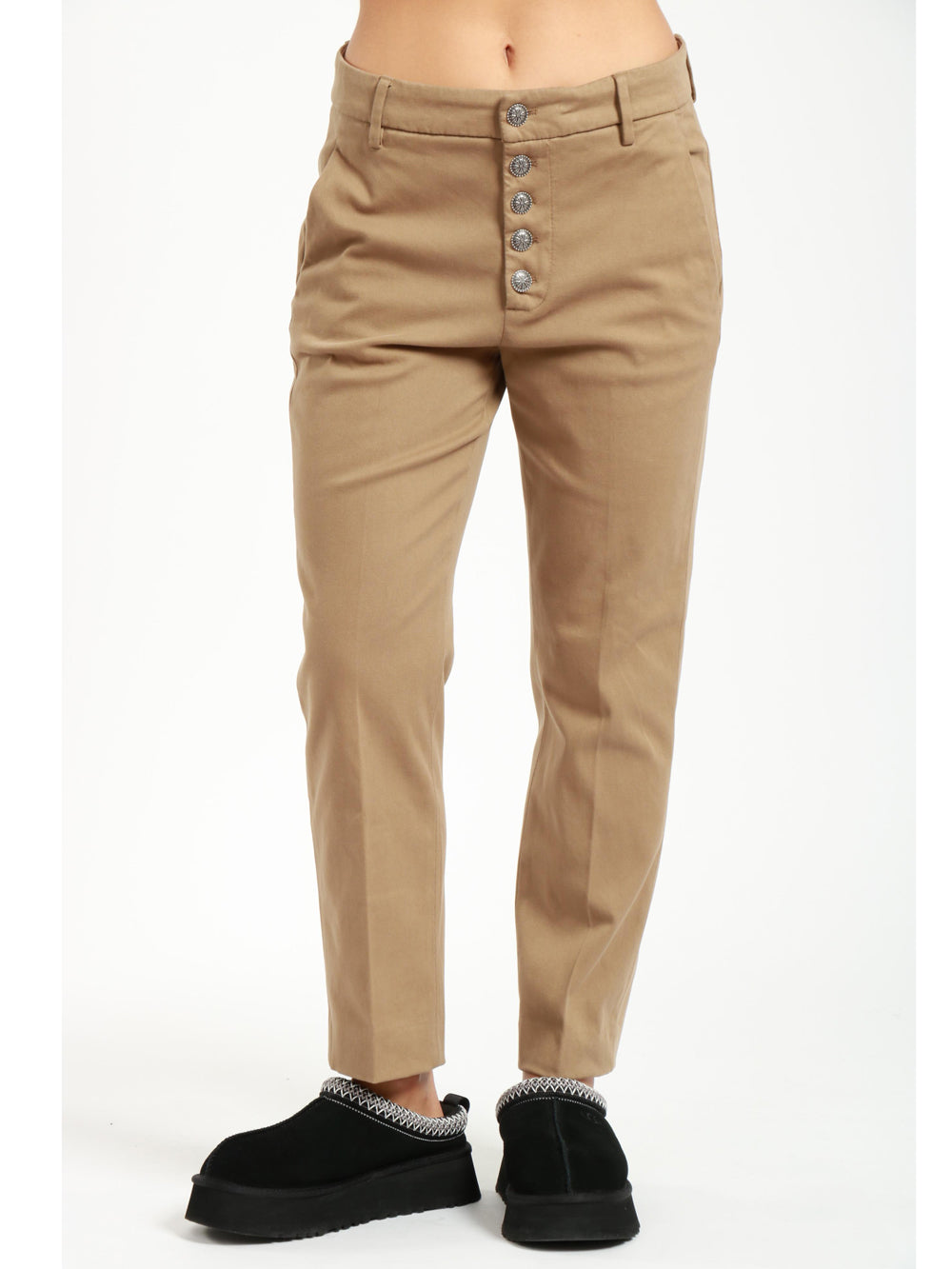 Nima Pants in Khaki Gabardine Cotton with Jewel Buttons