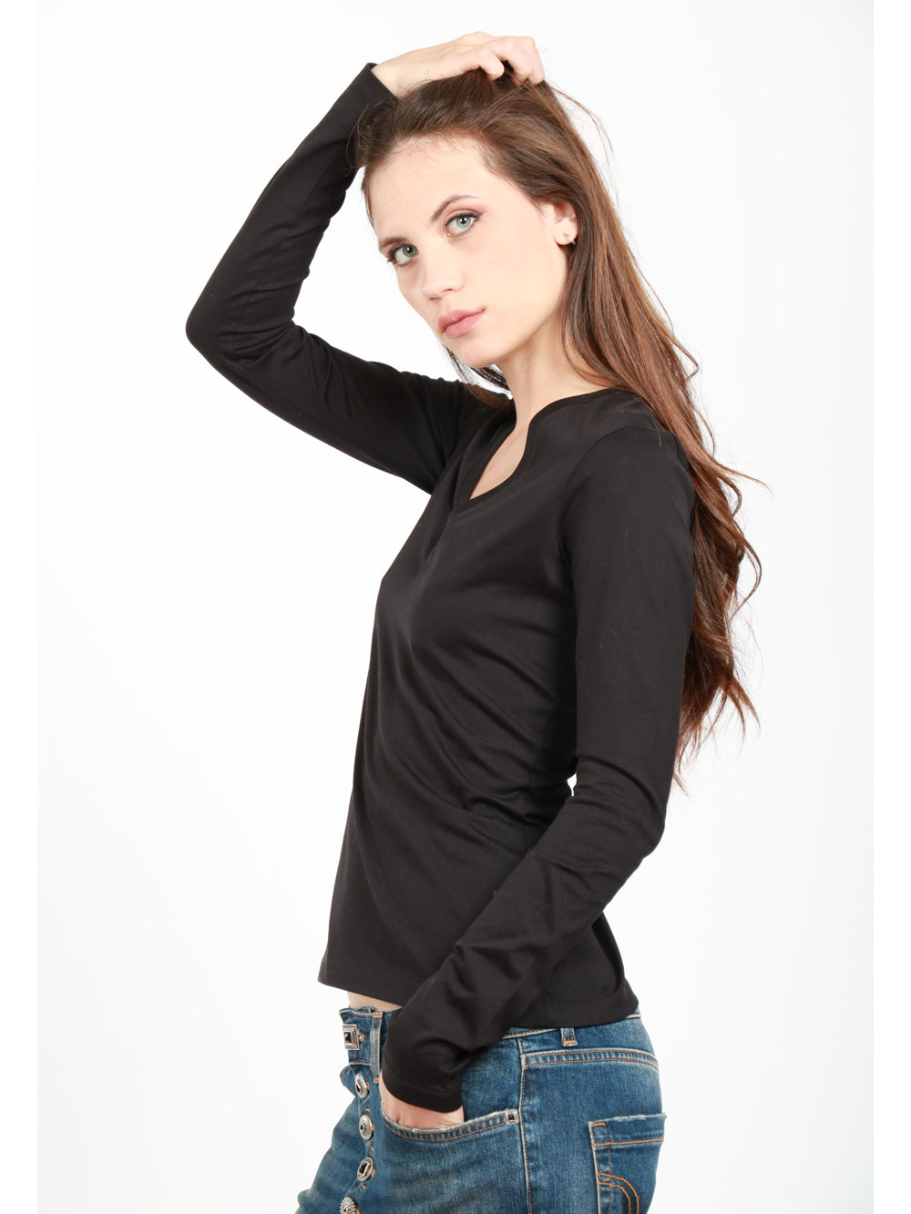 Sweater in Black Cotton with V neckline