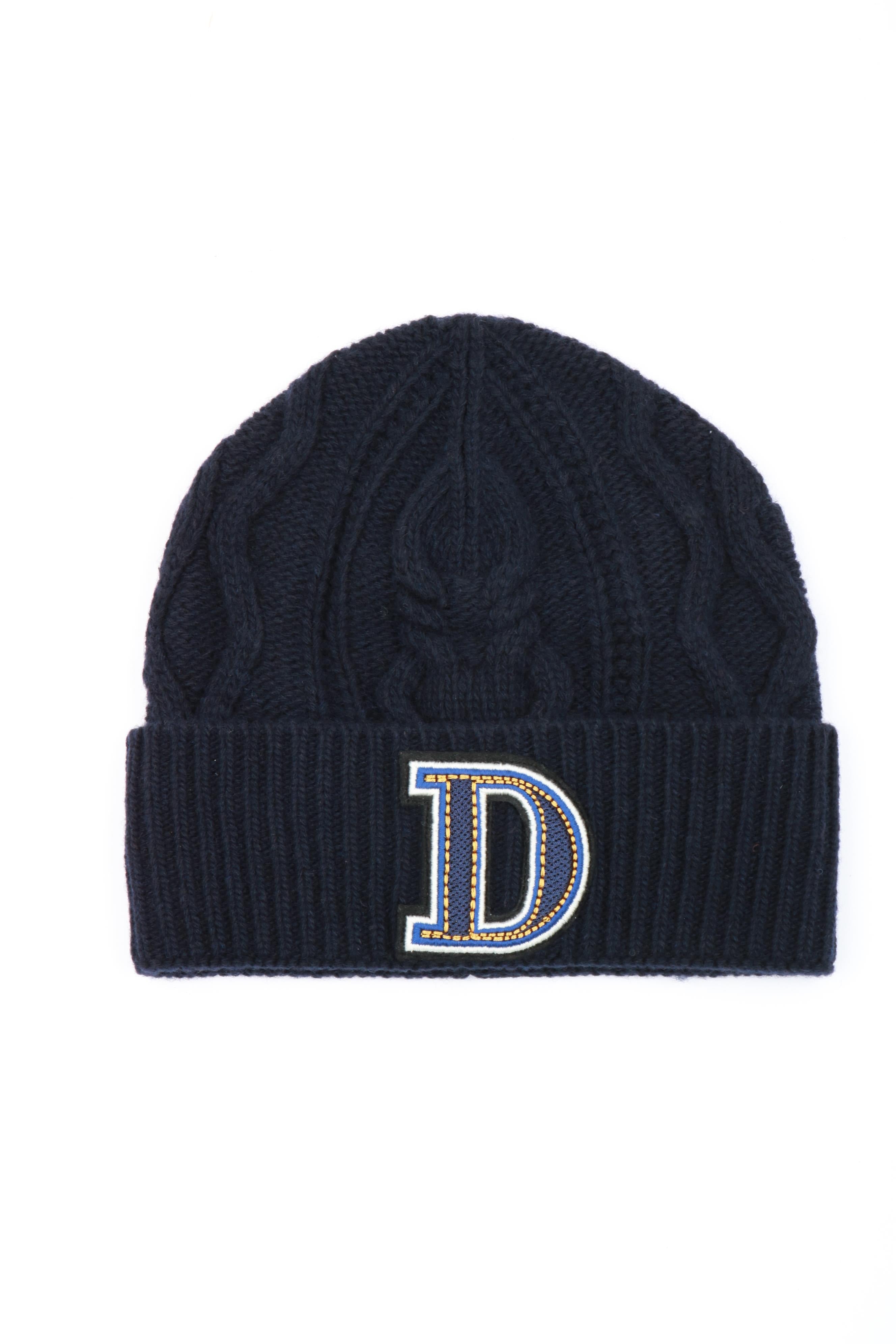 Cappello in Lana Blu con Trecce e Logo D
