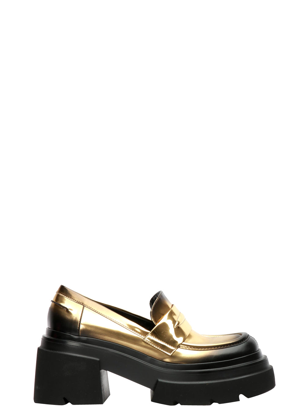 Scarpe Mocassino Lucide Nere e Oro con Tacco