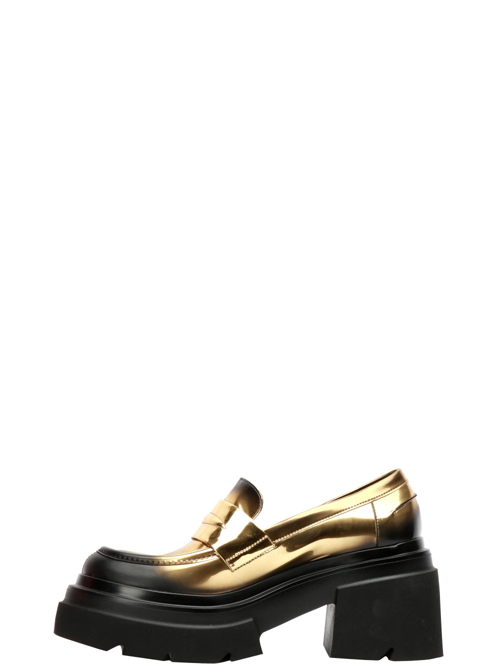 Scarpe Mocassino Lucide Nere e Oro con Tacco