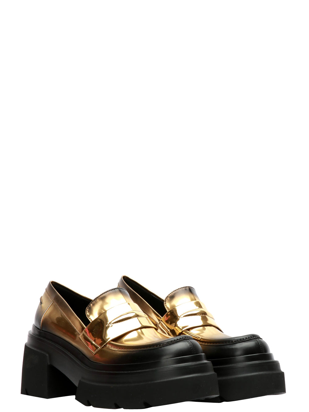 Scarpe Mocassino Lucide Nere e Oro con Tacco