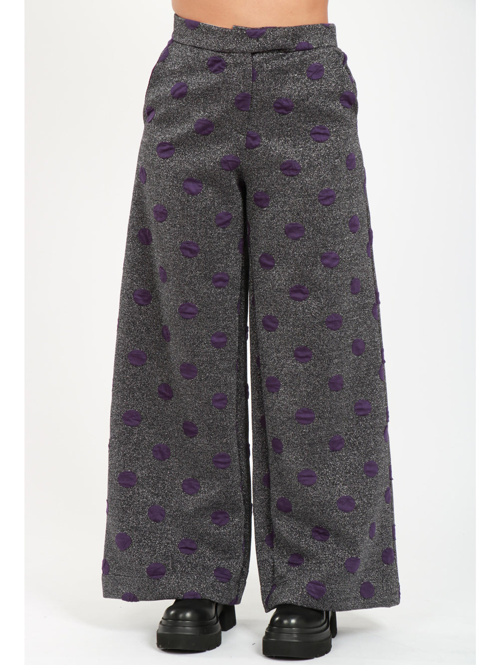 Pantaloni Palazzo Grigi con Pois Viola e Lurex