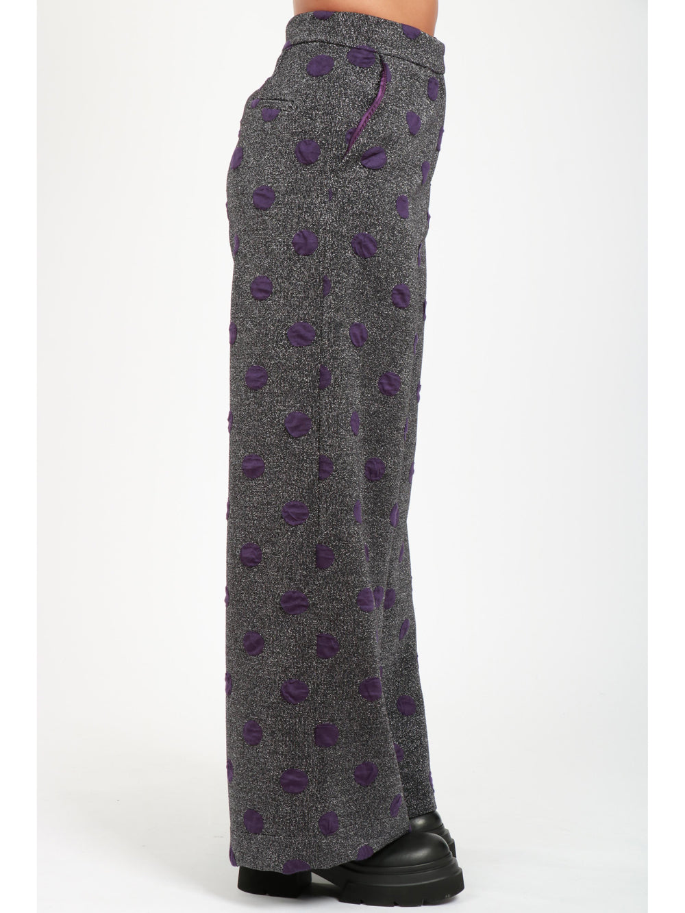 Pantaloni Palazzo Grigi con Pois Viola e Lurex