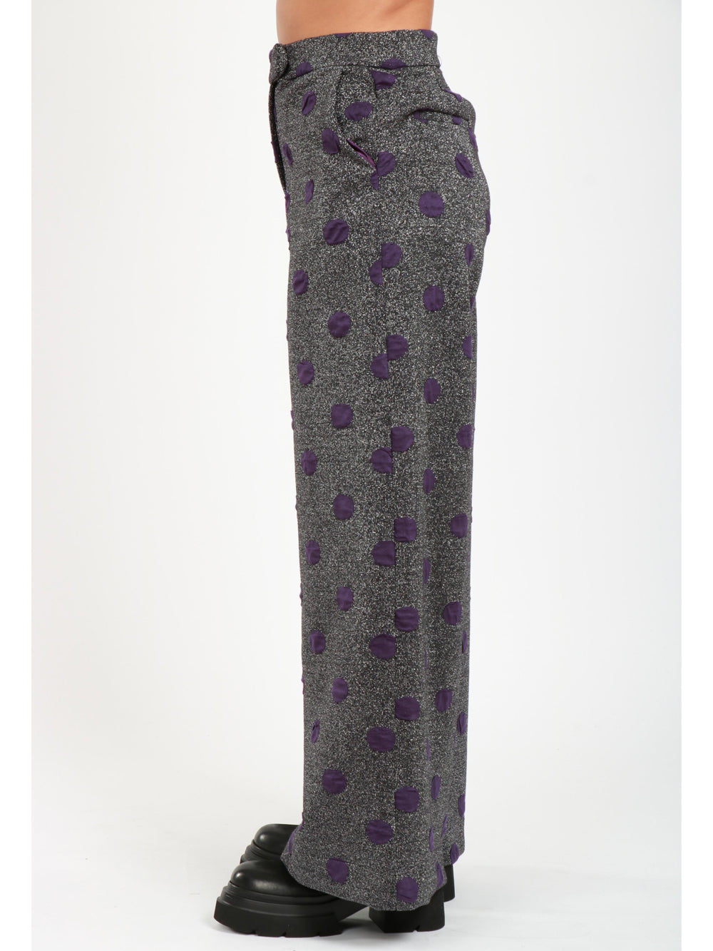 Pantaloni Palazzo Grigi con Pois Viola e Lurex