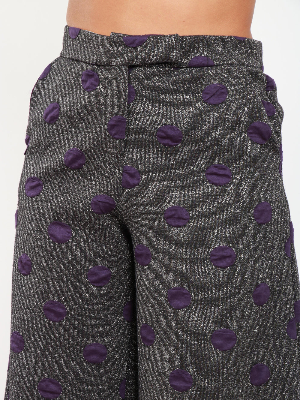 Pantaloni Palazzo Grigi con Pois Viola e Lurex