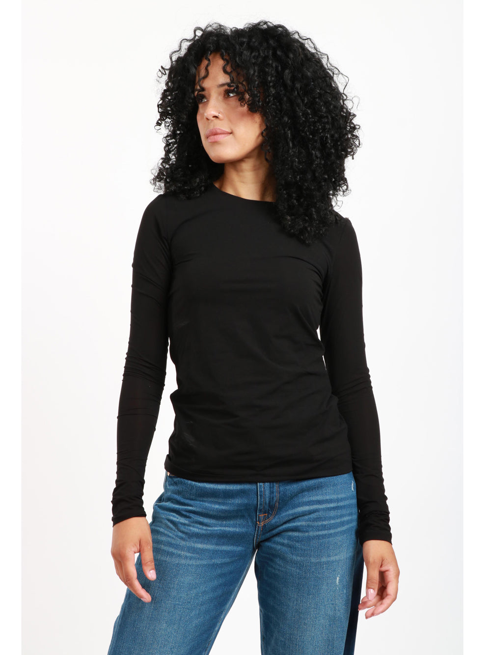 T-Shirt Folk Girocollo Nera con Maniche Lunghe