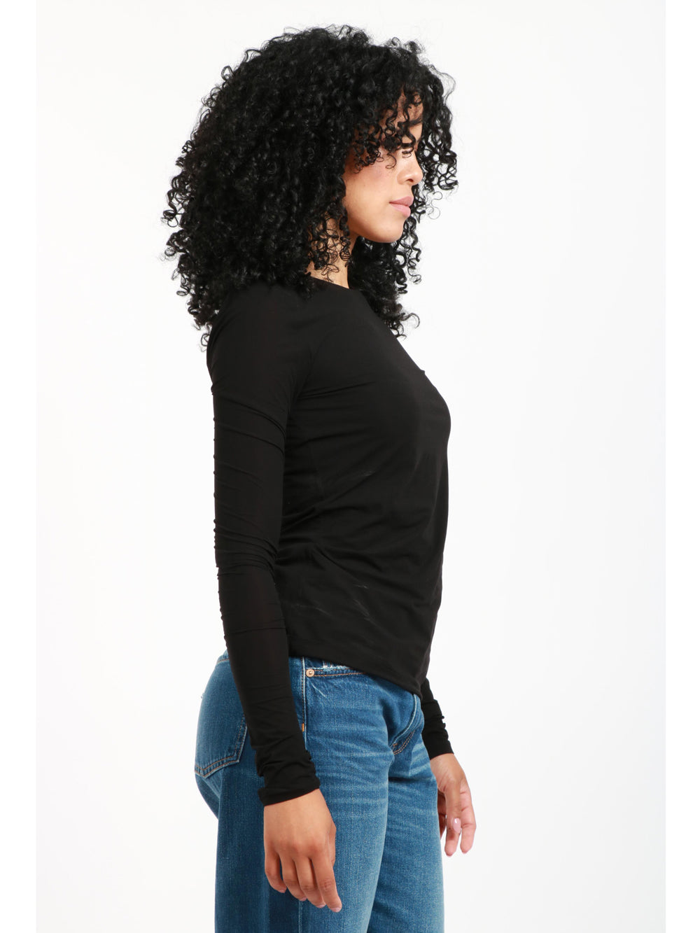 T-Shirt Folk Girocollo Nera con Maniche Lunghe