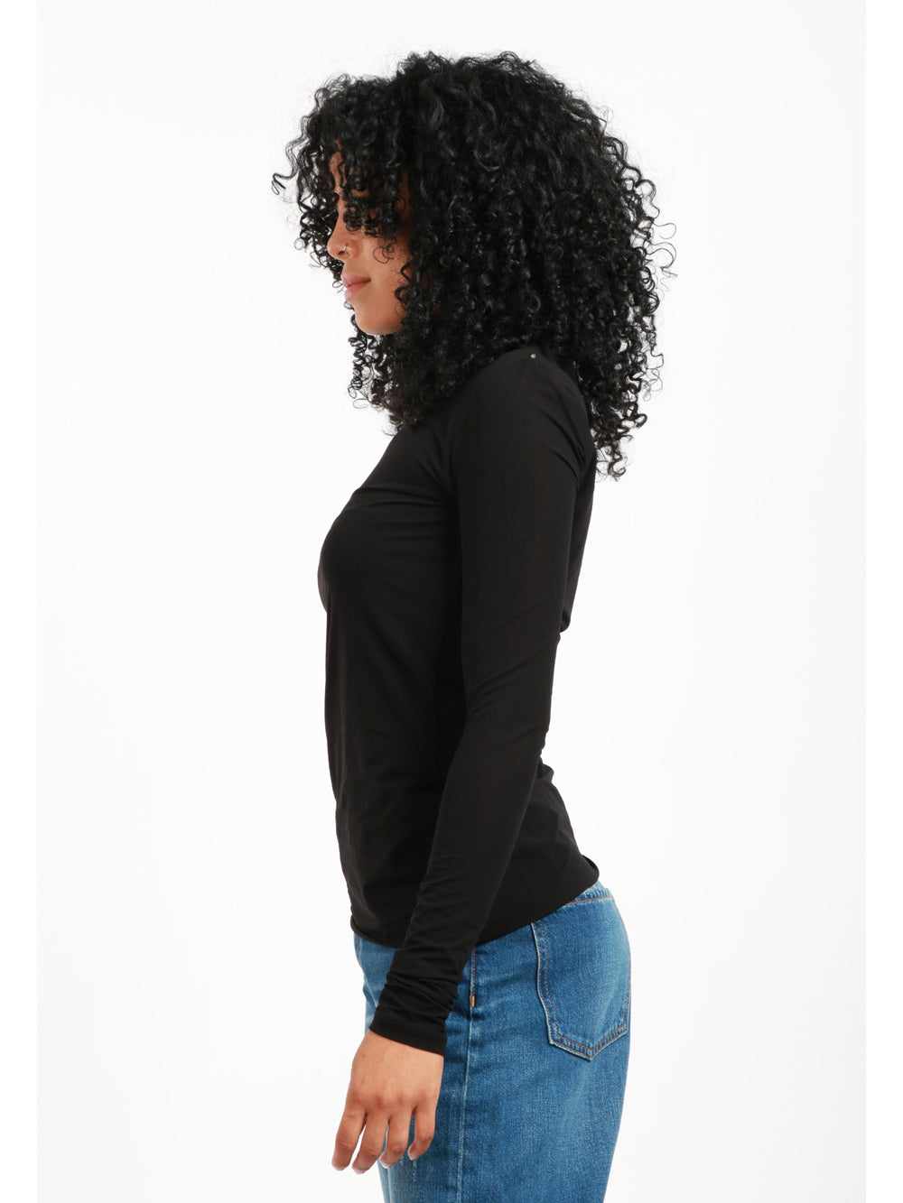 T-Shirt Folk Girocollo Nera con Maniche Lunghe
