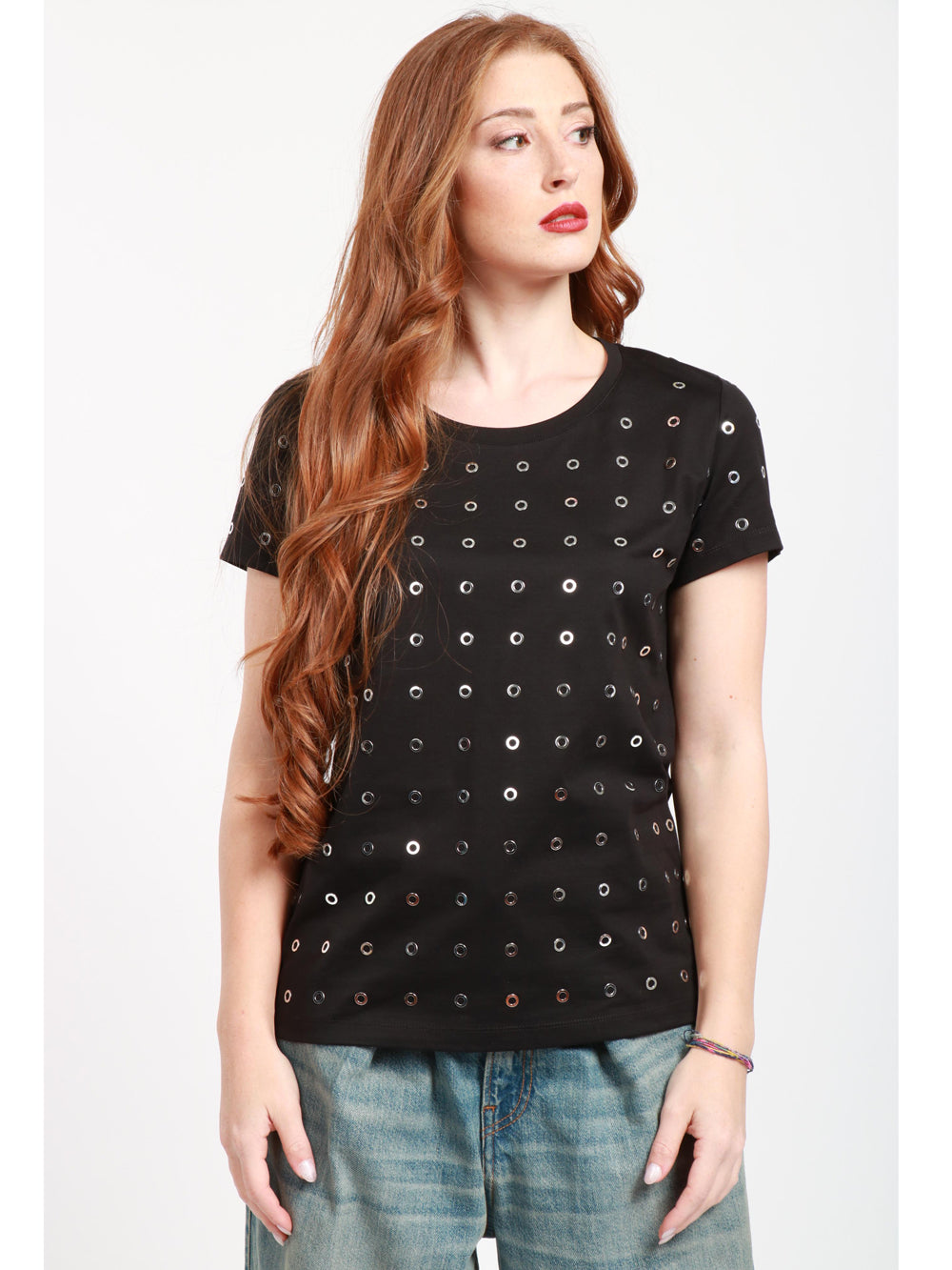 T-Shirt Girocollo in Cotone Nera con Occhielli