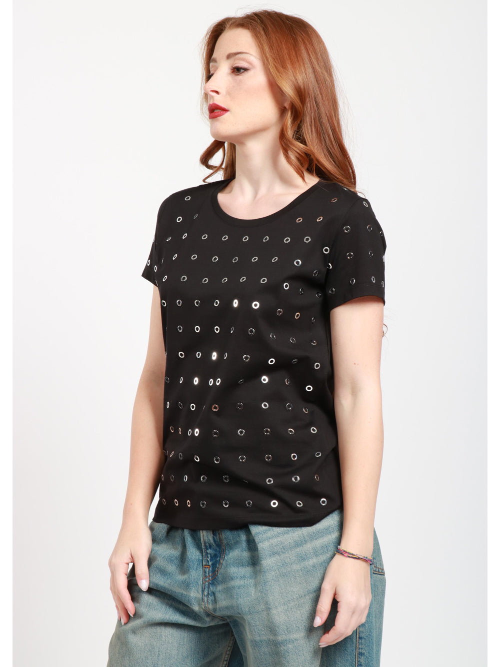 T-Shirt Girocollo in Cotone Nera con Occhielli