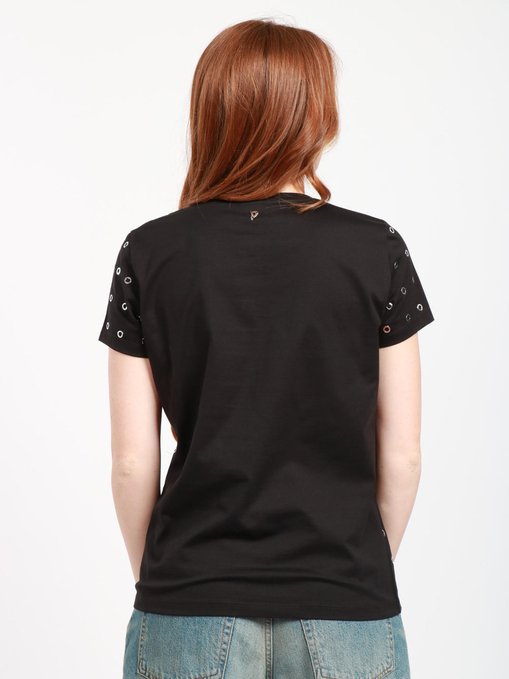 T-Shirt Girocollo in Cotone Nera con Occhielli