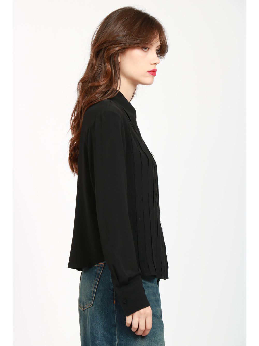 Camicia in Misto Seta Nera con Dettagli