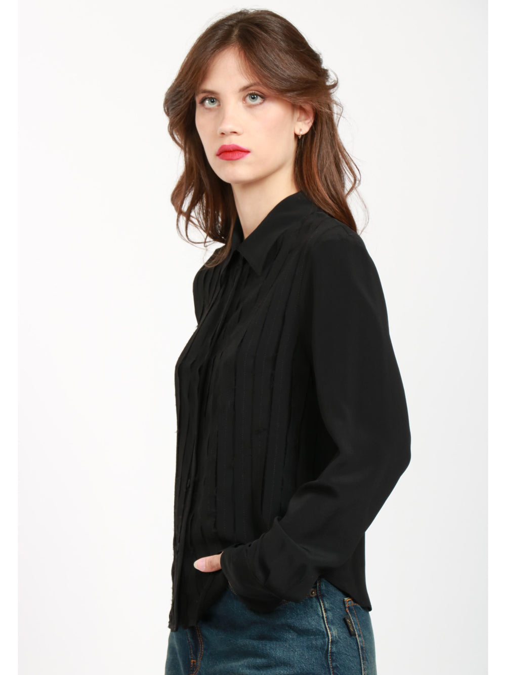 Camicia in Misto Seta Nera con Dettagli