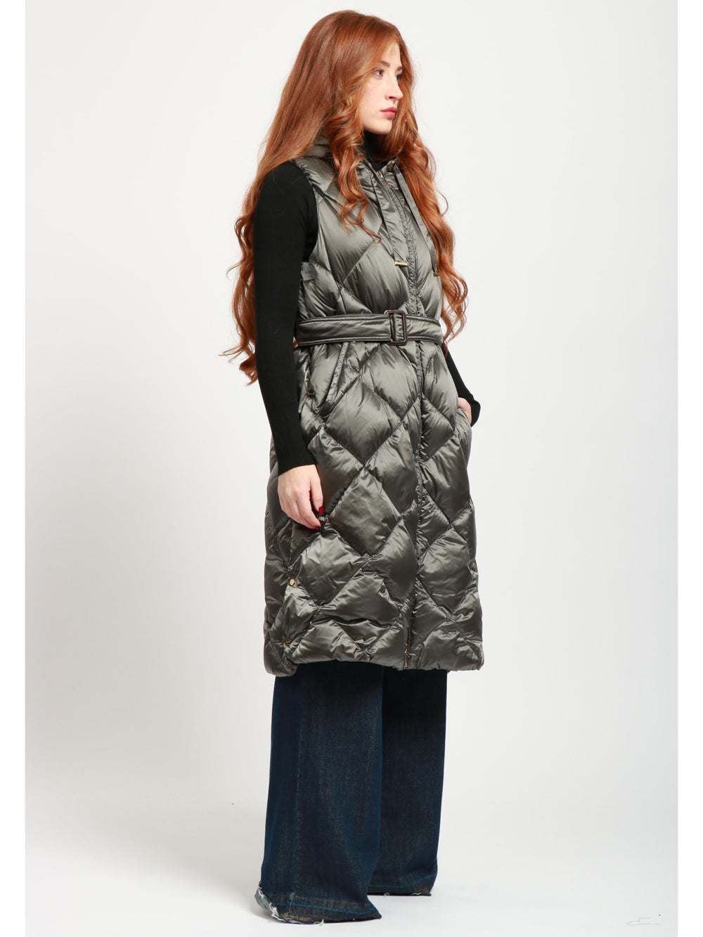 MAX MARA THE CUBE Gilet Tregil Imbottito Grigio con Cappuccio e Cintura Grigio