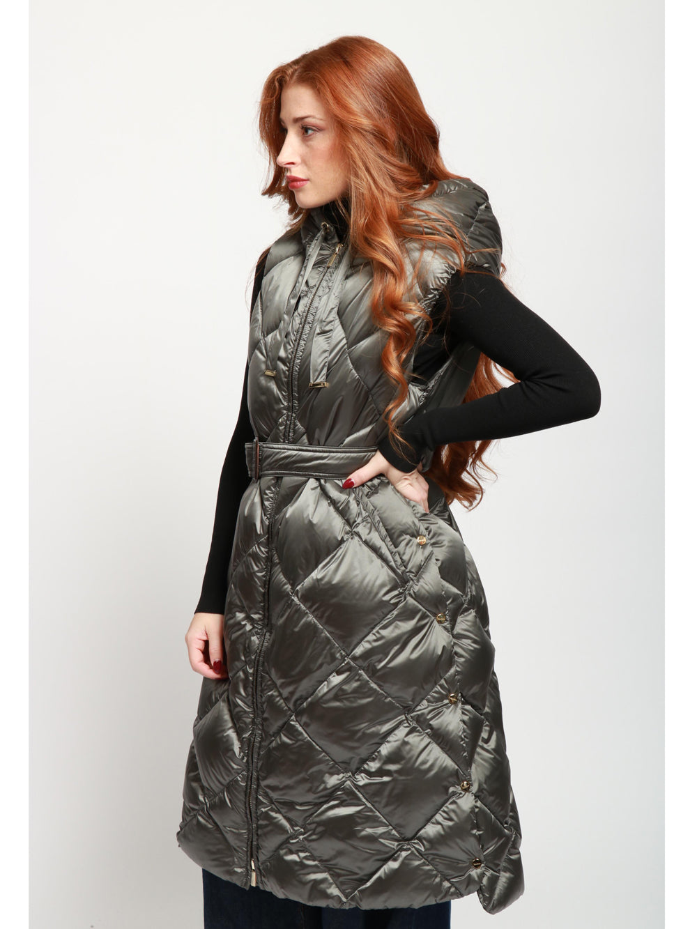 MAX MARA THE CUBE Gilet Tregil Imbottito Grigio con Cappuccio e Cintura Grigio