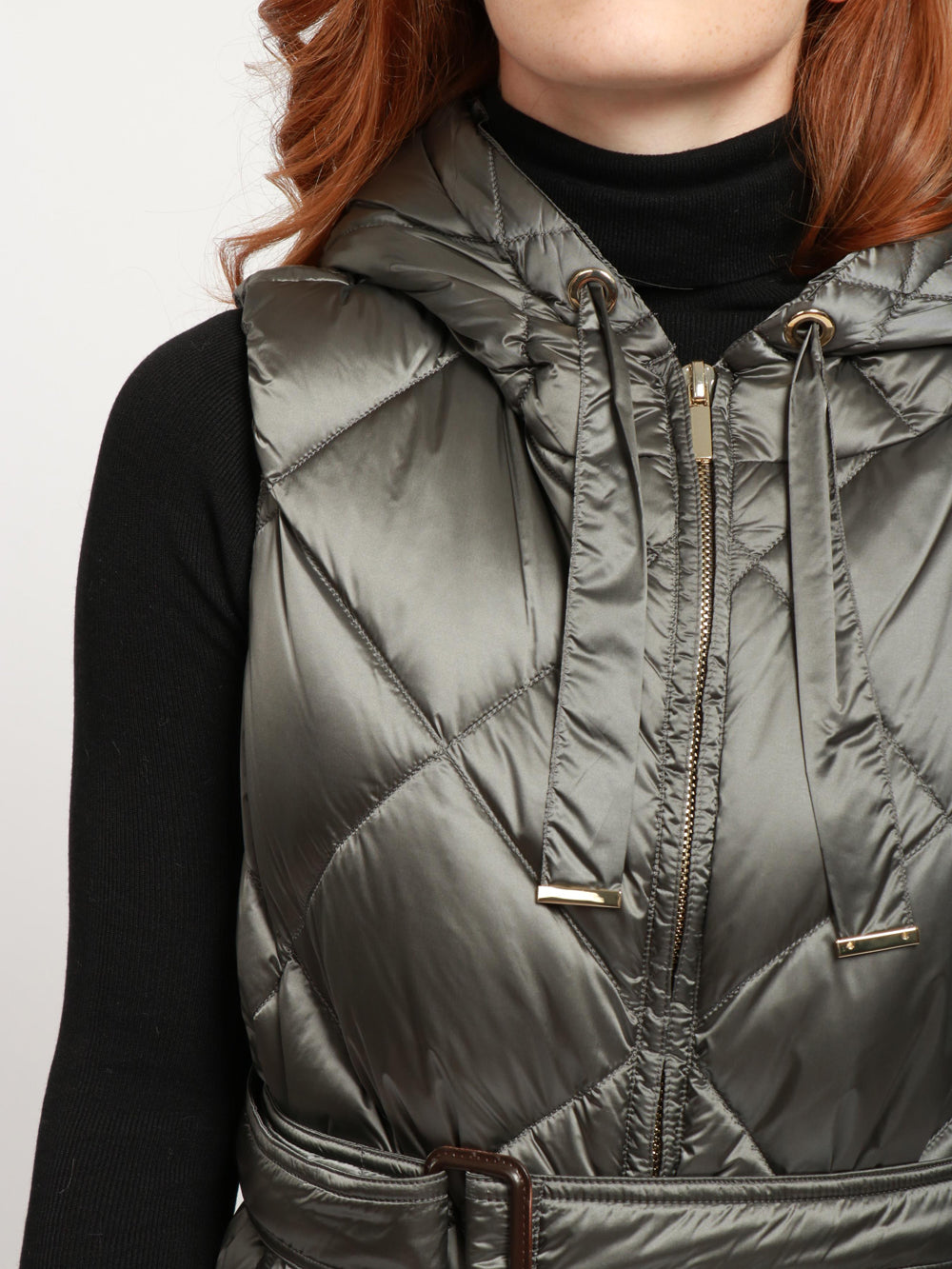 MAX MARA THE CUBE Gilet Tregil Imbottito Grigio con Cappuccio e Cintura Grigio