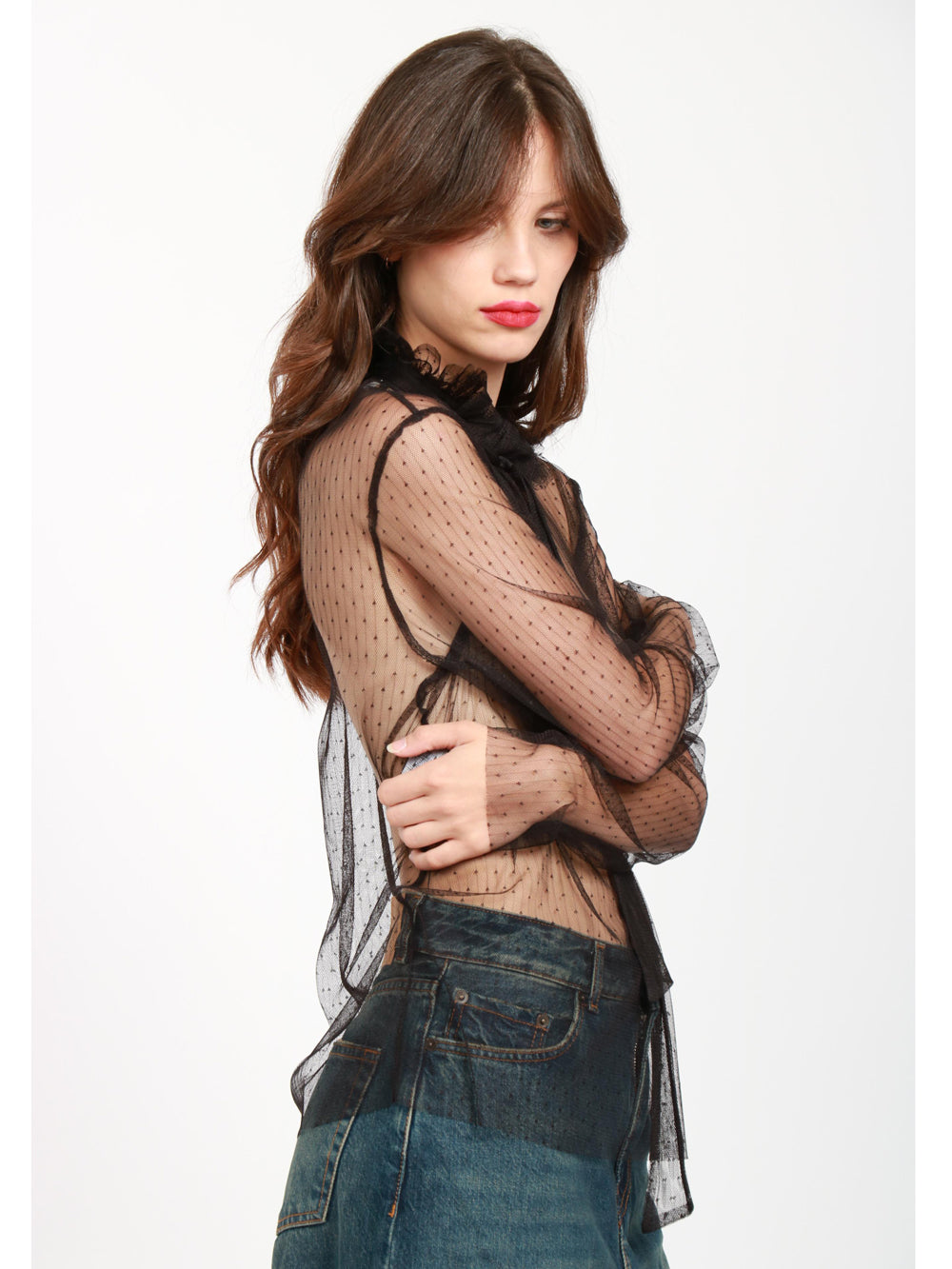 Blusa in Tulle Trasparente Nera con Ruches