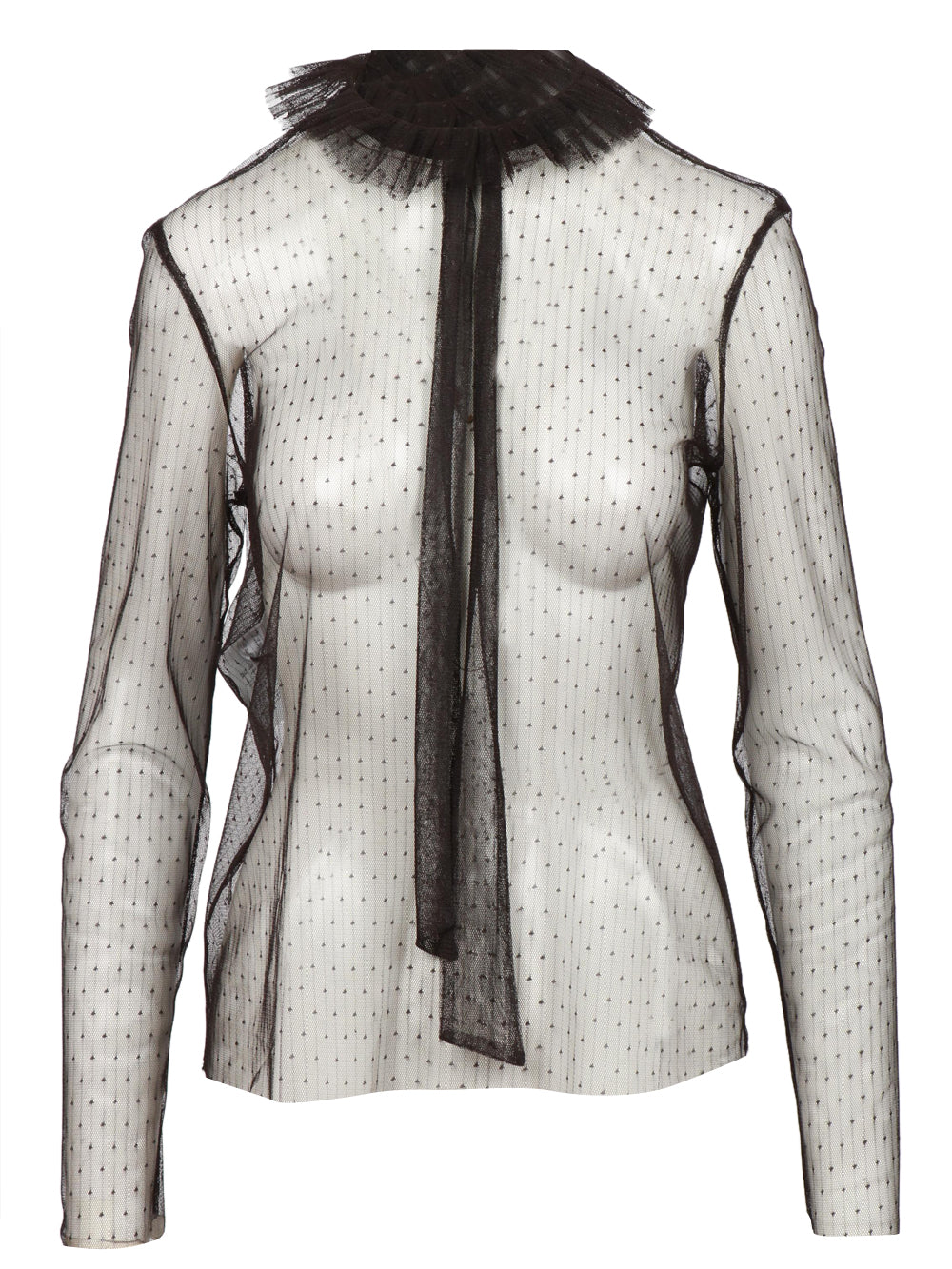 Blusa in Tulle Trasparente Nera con Ruches