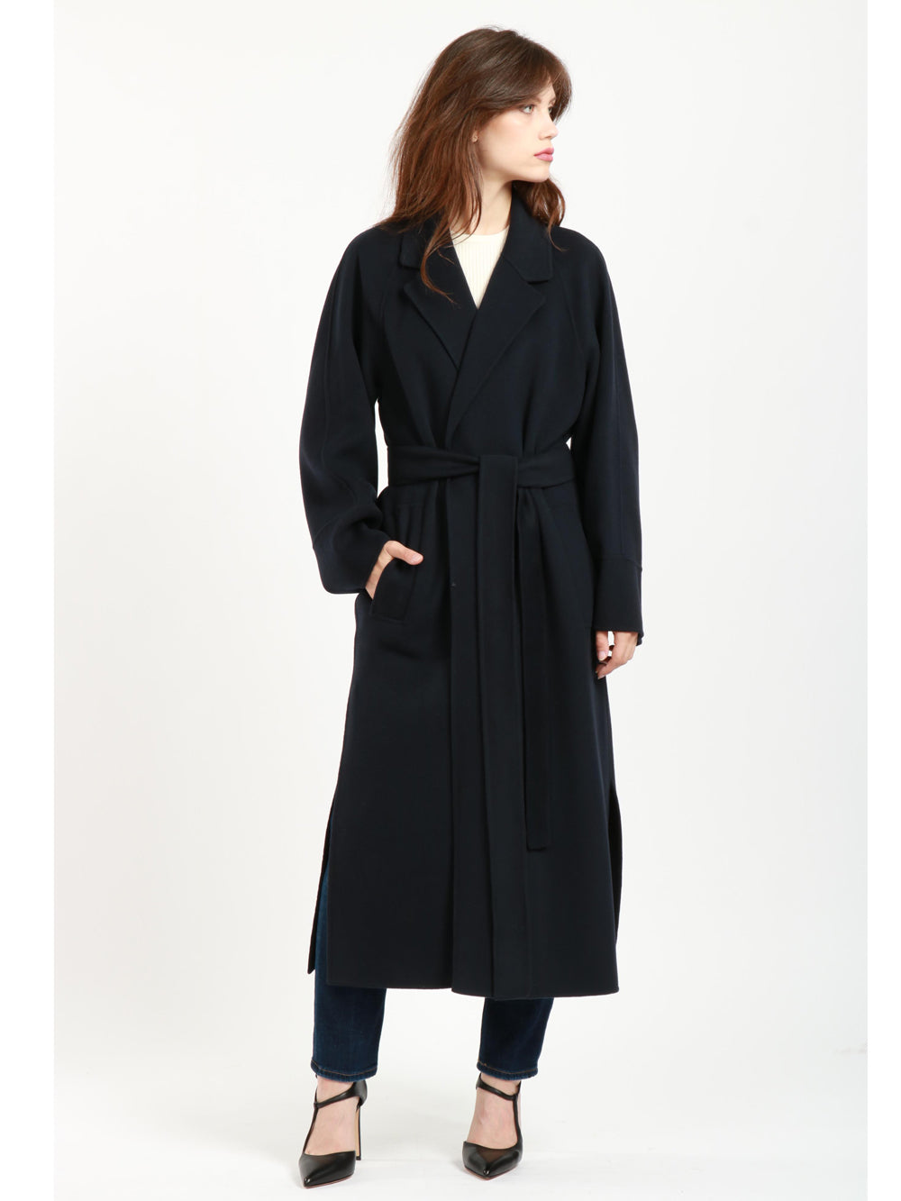 Cappotto Agata a Vestaglia in Doppio Panna di Lana Blu
