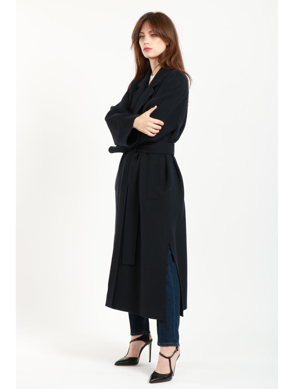 Cappotto Agata a Vestaglia in Doppio Panna di Lana Blu