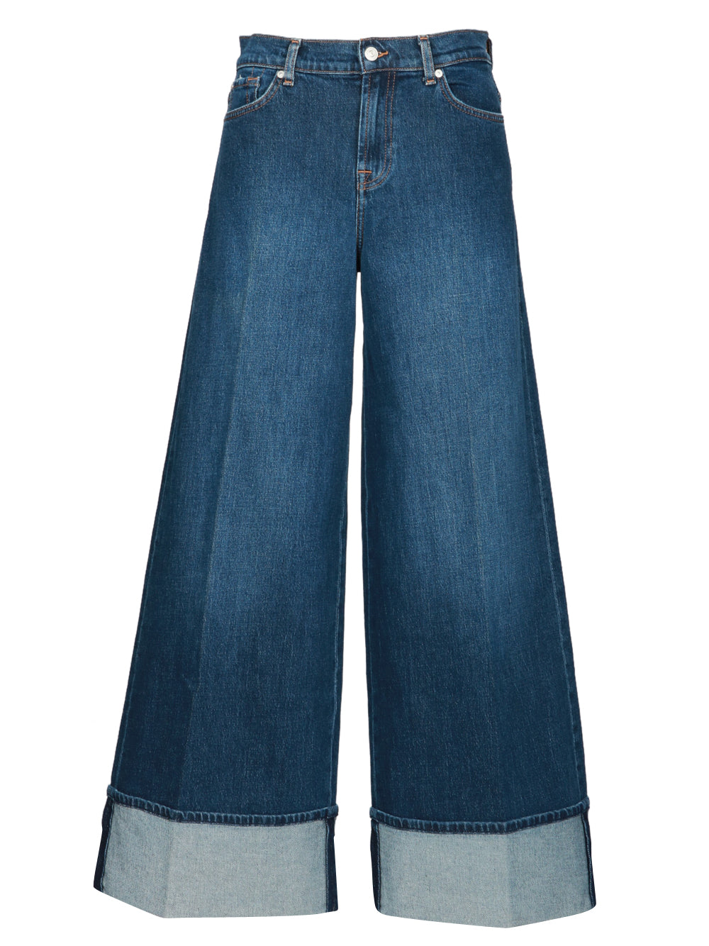 7 FOR ALL MANKIND Jeans Marie Palazzo in Denim Blu con Risvolto Denim