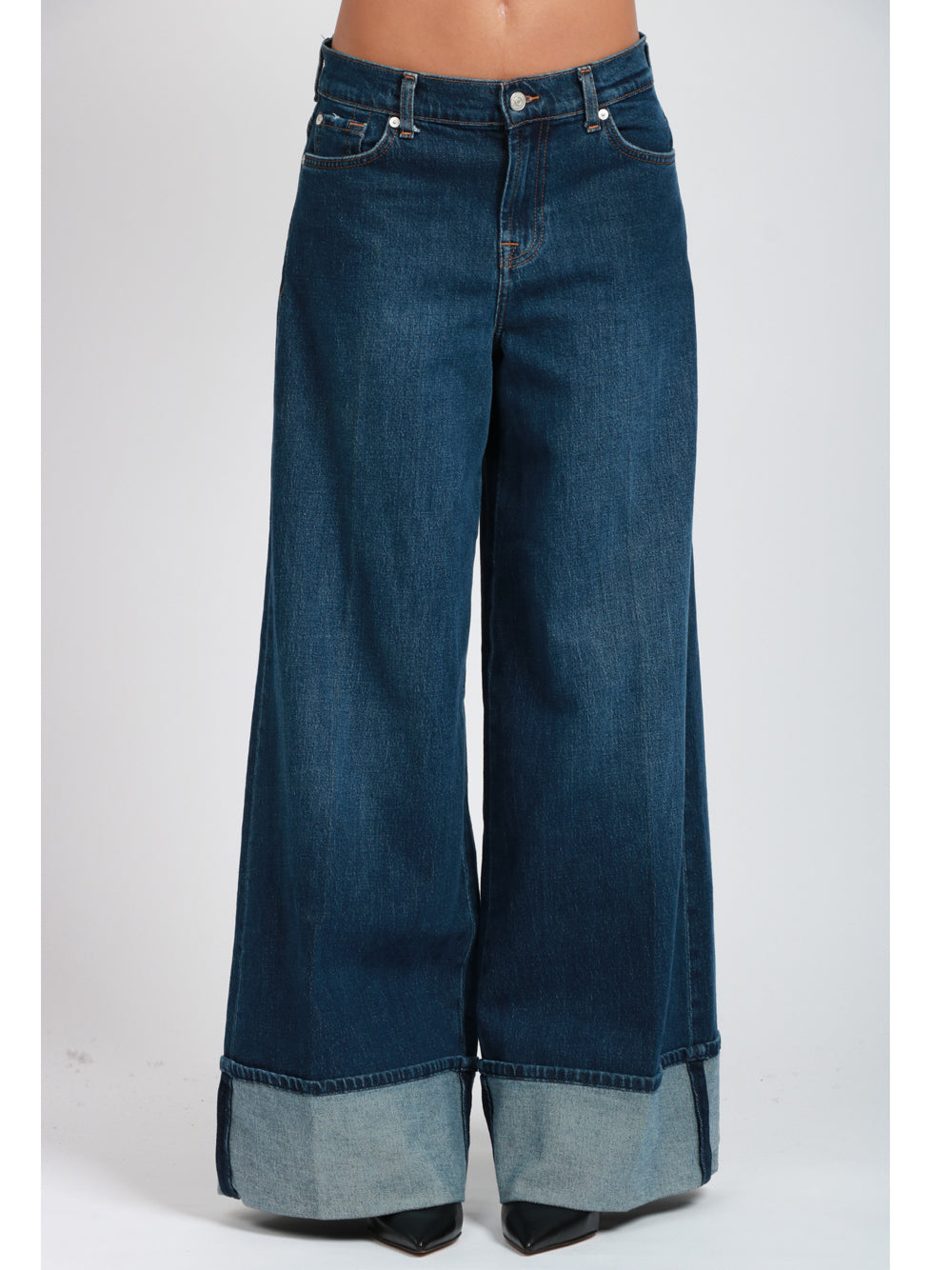 7 FOR ALL MANKIND Jeans Marie Palazzo in Denim Blu con Risvolto Denim