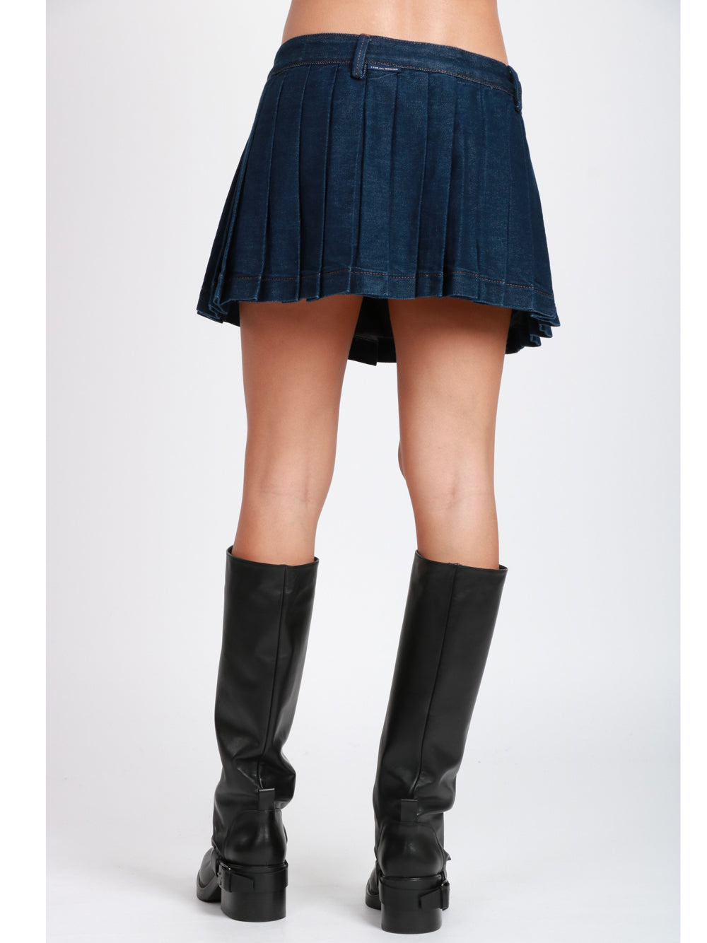 7 FOR ALL MANKIND Minigonna a Pieghe in Denim di Cotone Blu Denim blu scuro