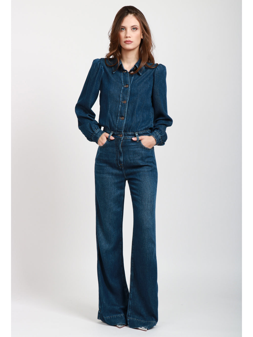 7 FOR ALL MANKIND Tuta intera denim gamba diritta maniche lunghe denim scuro Denim
