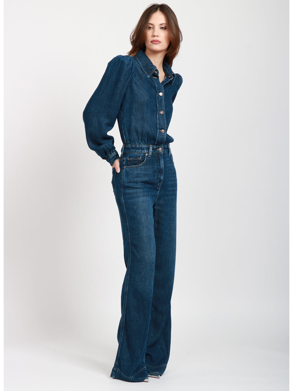 7 FOR ALL MANKIND Tuta intera denim gamba diritta maniche lunghe denim scuro Denim